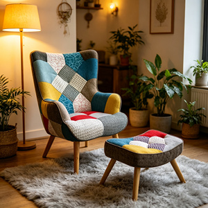 Multicolor <strong>Patchwork</strong> Wingback <strong>Chair</strong> with Ottoman, Linen Upholstered Accent <strong>Chair</strong> for Living Room, BSCI Certified - Product Image 1