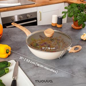 Wok de cerámica antiadherente de alta calidad, forjado, con tapa de vidrio y mango de madera, 28 cm, para cocinas de gas e inducción. - Product Image 6