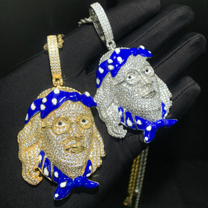Regalo di natale Hip Hop Benjamin Face collana ciondolo smalto blu Micro pavè 5A CZ zircone cubico uomo ragazzo gioielli Rock - Product Image 2