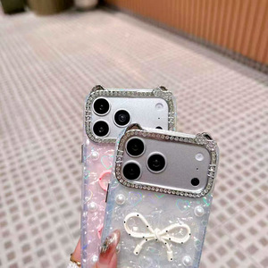 เคสโทรศัพท์มือถือ <span class=keywords><strong>iPhone</strong></span> 11 12 13 14 15 16 17 Pro Max ลายโบว์สไตล์เกาหลี หูแมว ประดับมุก เพชร กลิตเตอร์วิบวับ - Product Image 2