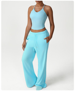 Tuta sportiva Yoga Skinny Fit da <span class=keywords><strong>donna</strong></span> americana con modello solido nuovi <span class=keywords><strong>pantaloni</strong></span> larghi Casual top lunghi bellissima tuta Fitness posteriore - Product Image 6