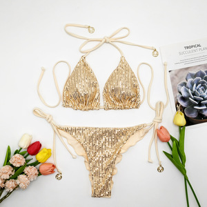 Ventes directes d'usine personnalisées, <span class=keywords><strong>maillot</strong></span> <span class=keywords><strong>de</strong></span> <span class=keywords><strong>bain</strong></span> bikini triangle à paillettes pour femmes, <span class=keywords><strong>2</strong></span> pièces, uni, multicolores en stock - Product Image 2