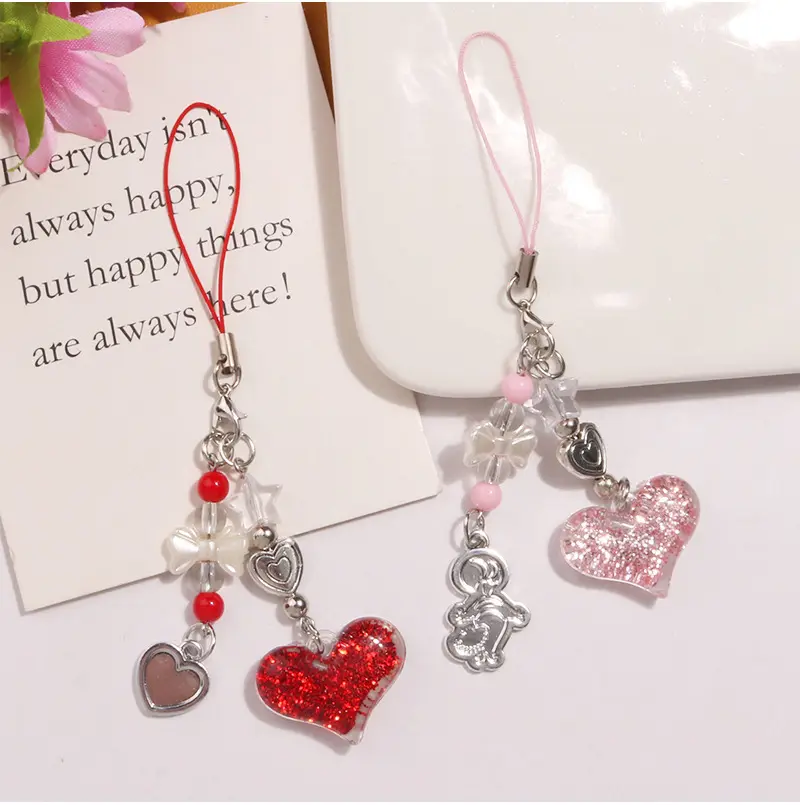 Hot Sale Y2k Phone Charm Strap Chain Lanyard Cute Acrylic Heart Glass Pearl Bead Jewelry Women Kawaii Keychain