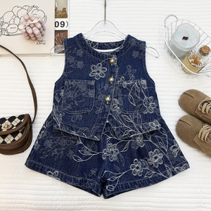 Nuevo Conjunto Vaquero <span class=keywords><strong>para</strong></span> <span class=keywords><strong>Niñas</strong></span> - Falda Vaquera con Estampado Retro Coreano, Chaleco sin Mangas y Pantalones Cortos, Conjunto Ligero de Dos Piezas - Product Image 2