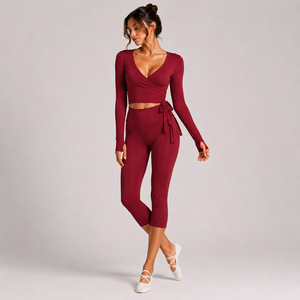 Aoyema Sportswear Custom Adjustable V Neck <strong>Crop</strong> <strong>Top</strong> <strong>Long</strong> <strong>Sleeves</strong> Soft Stretchy Sports Wrap <strong>Top</strong> Capri Pants Leggings Set - Product Image 3