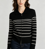 Pull en tricot rayé à fermeture éclair pour femme de bureau, veste cardigan en tricot côtelé à col polo et manches longues