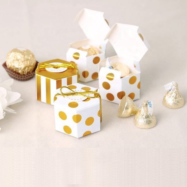 Sweet Hexagon Shape Design Packing Collapsible Square Bronzing Ribbon Candy Wedding Party Decor Paper Box