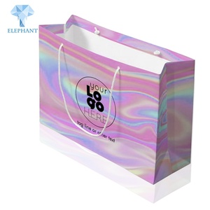 Custom Print Logo Recycled Glossy Holographic Pink Purple Shopping Paper Hand Bag - Product Image 2