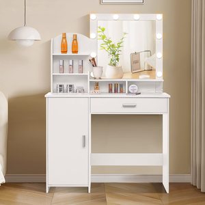 Bàn làm việc có gương và đèn, bàn trang điểm có trạm sạc, Bộ bàn trang điểm 45in với băng ghế thoải mái - Product Image 2