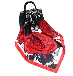 Bufanda cuadrada con estampado digital de rosa roja para mujer, pañuelo de seda satinada de poliéster personalizado, nuevo diseño