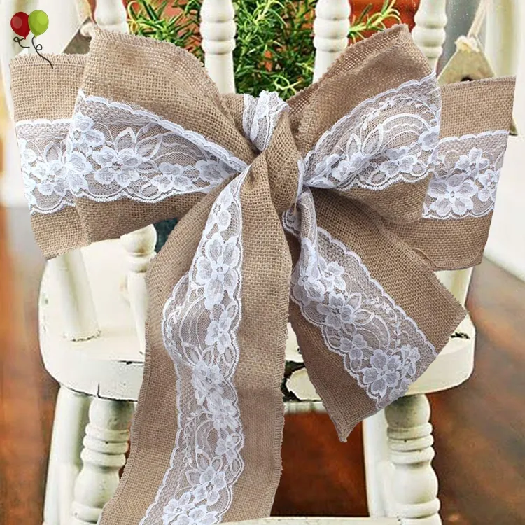 Jute Kant Stoel Sjerpen Hessische Jute Chair Cover Bows Rustieke Linnen Kant Stoel Bogen Voor Bruiloft Verjaardagsfeestje Decoratie H0282