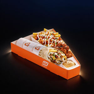 Caja Triangular de Papel para Shawarma con Sello Dorado Personalizado, Halal, con Compartimento para Salsa y Separador para Doner Kebab - Product Image 5