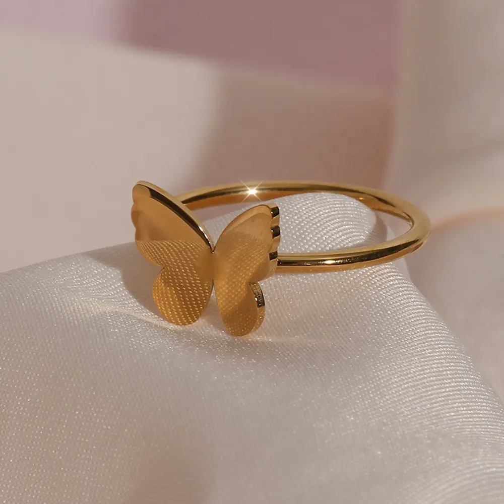 Dainty Glossy 18k Gold Plated Butterfly Ring Tarnish Free Stainless Steel Pvd Jewelry For Women 2022