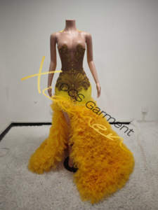 Applique di strass con perline dorate di lusso Ocstrade Modulare abiti da sposa da sogno abito da sposa con strascico di Tulle giallo arricciato - Product Image 4