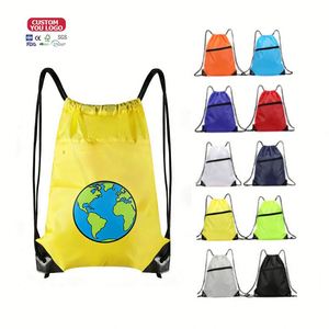 Custom Plain Polyester Waterproof Foldable Promotional <b>Drawstring</b> Closure Logo Shopping Gym Sports <b>Backpack</b> Bag Large Capacity - Product Image 1