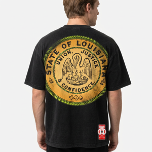 <b>Men's</b> Black Knitted Cotton T-Shirt with Louisiana State Seal Print Front Logo Regular Fit Short Sleeve <b>Turtleneck</b> Casual Style - Product Image 6