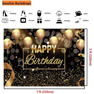Tapisserie Joyeux Anniversaire Photo Booth Props Noir Or Ballons avec Paillettes Bokeh Spots pour Hommes Femmes Photographie - Product Image 5