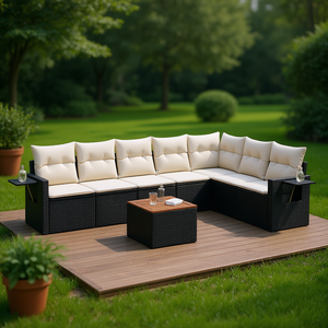 Black And Cream Garden <b>Sofa</b> <b>Set</b> Outdoor Rattan Furniture With Cushions Contemporary Design - Product Image 2
