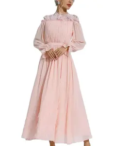2024 Spring Elegant Ladies Long Sleeve Pink Strapless Feather Chiffon Maxi Dresses for Women