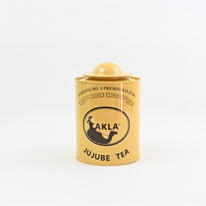 Boîte à thé en métal ronde personnalisée avec couvercle en dôme, jaune brillant, impression intégrale, vide, pour l'emballage de thé aux jujubes et de tisanes - Product Image 1