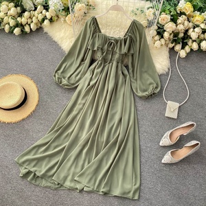 Primavera nuevo vestido de mujer cuello cuadrado de manga larga de gasa Falda larga cintura cerrada vestido Formal delgado para mujer - Product Image 4