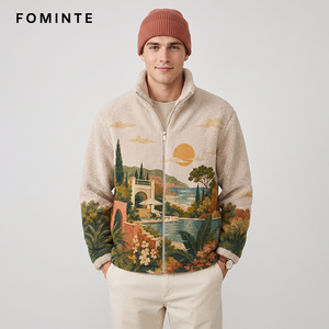 Chaqueta de forro polar estampada estilo vintage para <span class=keywords><strong>hombre</strong></span> y mujer, abrigo cálido de sherpa, ropa de calle con cuello alto y cremallera, venta al por mayor - Product Image 3