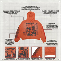 Sweat à capuche coupe ample pour homme 450 g/m² avec imprimé graphique délavé au soleil et effet usé, style streetwear, pull orange personnalisé Vibe