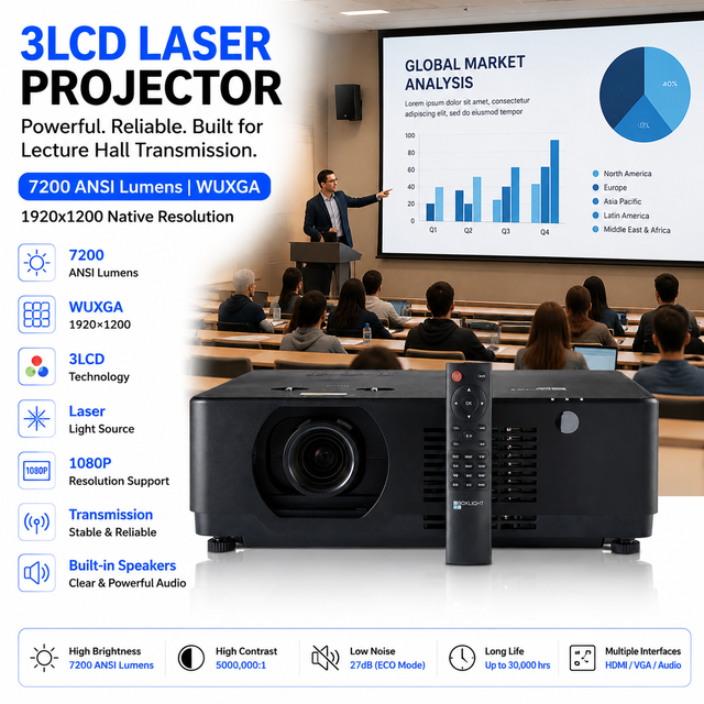 Professional Supplier 3LCD Laser Projector 7200 ANSI Lumens Wuxga Lens Shift for Distance Learning Classroom
