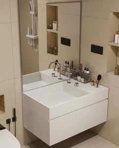 Meuble-lavabo mural moderne avec miroir sans cadre, vasque en céramique, design minimaliste, portes à fermeture douce - Product Image 5