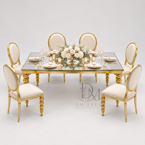 Table de banquet rectangulaire en verre miroir en acier inoxydable doré de qualité supérieure avec pieds tournés perlés pour événements de mariage – Vente en gros - Product Image 5