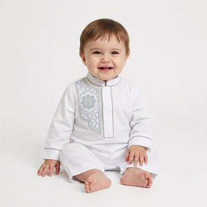 Al por mayor, pelele islámico personalizado para bebés, de algodón blanco premium, manga larga, Jubbah musulmán de una pieza con bordado tradicional - Product Image 1