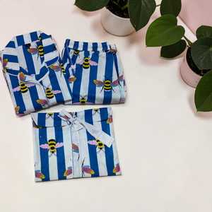 Women Cotton Pajama Set Blue Stripe <b>Bee</b> Print Nightwear Soft Sleepwear Two Piece Lounge Set - Product Image 1