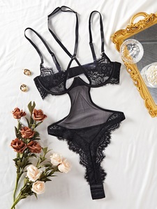 Bodysuit wanita dengan renda bulu mata, potongan halter, tali silang, transparan, warna hitam, ukuran S-L - Product Image 6