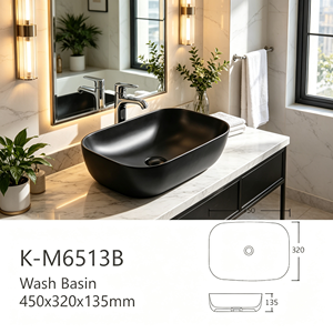 Lavabo ovale en céramique noir mat pour salles de bain d'hôtels commerciaux, position de robinet intégrée - Product Image 6