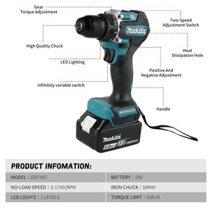 For <strong>Makita</strong> DDF487 XPH07 XPH12 13mm <strong>Brushless</strong> 18V Lithium-ion Rechargeable Impact Drill Driver High Torque Impact Screwdriver - Product Image 2
