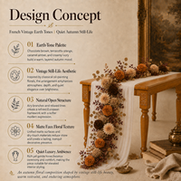 Chemin de table vintage français style drapé avec fausses fleurs, tons terreux, pour mariage, cheminée, console, décoration intérieure