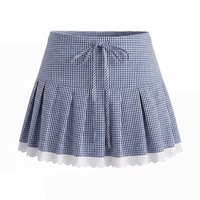 Ensemble deux pièces personnalisé OEM pour femmes, bleu et blanc à carreaux |   Ensemble doux : chemisier à col en V avec bordure en dentelle et mini-jupe pour un look estival charmant