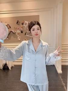 Роскошная Женская шелковая атласная домашняя пижама, комплект из 2 предметов, Элегантная пижама с длинными рукавами и вышивкой, однотонная Пижама с эластичным поясом - Product Image 5