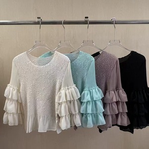 PY Summer New Arrival Vintage Eco-Friendly Casual Miyake Pleated <b>Top</b> Neck Ruffle Sleeve Plus Size Loose Blouse Bulk Clothing - Product Image 1
