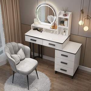 Ensemble de coiffeuse moderne avec miroir LED, coiffeuse blanche brillante avec armoire latérale et tabouret - Product Image 1