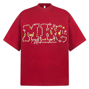 T-shirt floral brodé de perles personnalisé - Style européen et américain, coupe ample, col rond, manches courtes, pour hommes et femmes - Product Image 3