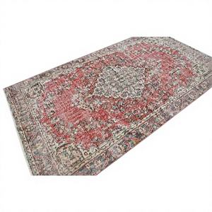 Alfombra Turca Vintage de 5.2x9.3 pies, Roja, Abstracta, de Lana, con Base de Látex, Ecológica - Product Image 1