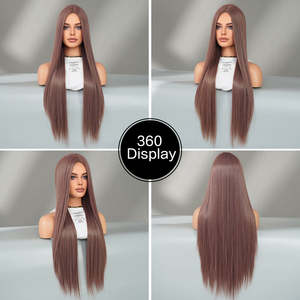 Prix de gros : Perruque synthétique de 32 pouces, <span class=keywords><strong>cheveux</strong></span> longs et raides sans <span class=keywords><strong>frange</strong></span>, perruque marron violet à raie centrale - Product Image 5