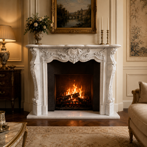 Traditional Marble <b>Fireplace</b> Mantel With Ornate Carving white marble Stone Indoor Wood Burning Hearth For Dining - Product Image 1
