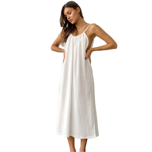 Camicia da <span class=keywords><strong>Notte</strong></span> Estiva 2026 con Spalline, Scavata, Sexy, 100% Cotone, Vita Elastica, Traspirante, da Donna, per Casa, Bianca, Indossabile Anche Fuori Casa, Vestibilità Ampia - Product Image 1