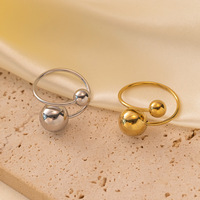 Stainless Steel Gold Plated Adjustable Open Ring Tarnish Free Hypoallergenic Double Ball Statement Ring for Women