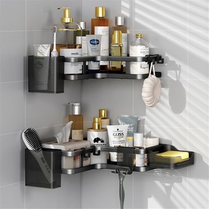Étagère murale rectangulaire moderne en acier inoxydable sans perçage pour salle de bain, balcon, toilettes, cuisine, double étagère d'angle - Product Image 4