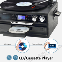 Tourne-disque vintage 6-en-1 : Lecteur de CD, cassette, vinyle, radio AM/FM, phonographe, gramophone 3 vitesses