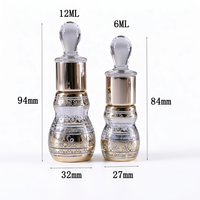 Flacon compte-gouttes en verre cristal de 6 ml et 12 ml, avec bouchon en forme de gourde, électroplaqué or, gravé, pour huiles essentielles, oud, attar, parfum