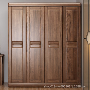 Walnut Solid Wood <b>Wardrobe</b> Four Door Hinged <b>Large</b> Capacity Bedroom Storage Cabinet - Product Image 1